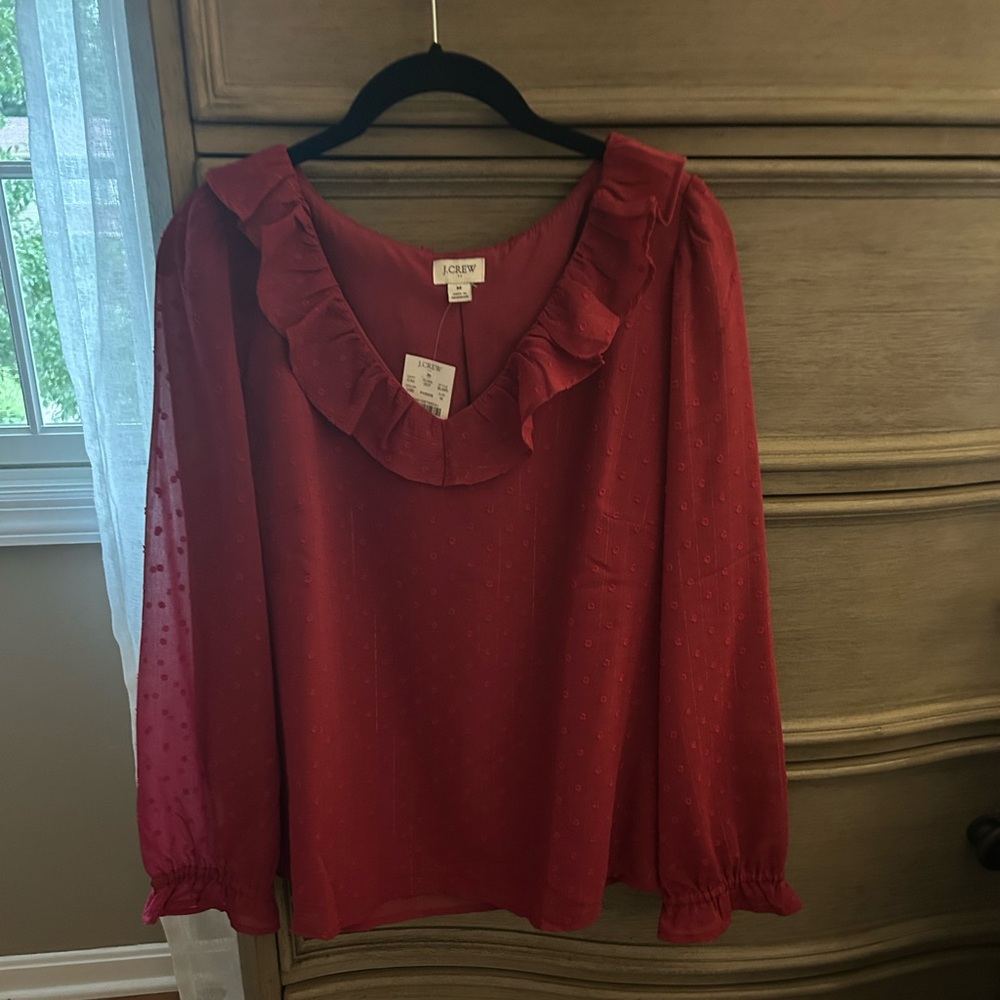 J. Crew Red Ruffled 3/4 Sleeve Blouse